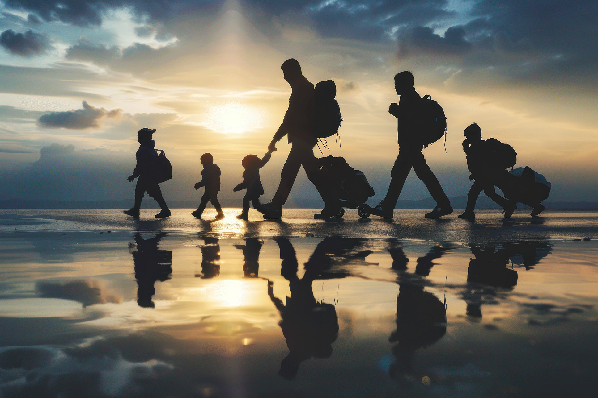 Silhouette of a Immigration family walking