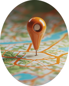 a map with a navigation pin and locator mark